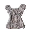 Grey pinstripe peplum top with square neckline and front bow