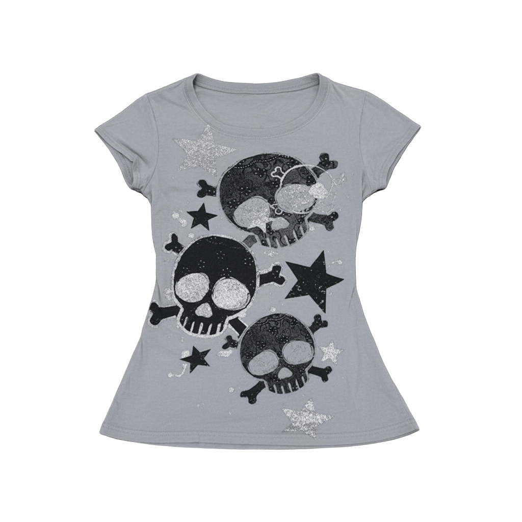 Grey Skull & Stars Graphic Tee - Glitter Emo Design Stand out in style with our Grey Skull & Stars Graphic Tee. Perfect for an edgy look, this glitter emo scene baby tee is a must-have!