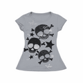 grey skull and stars graphic tee with glitter accents and crew neck