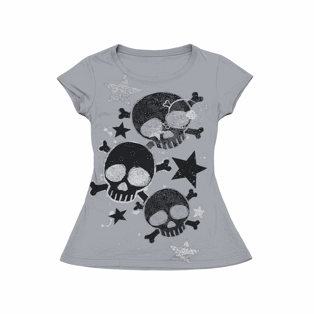 grey skull and stars graphic tee with glitter accents and crew neck