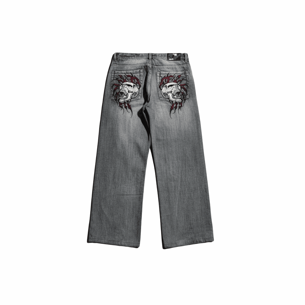 Vintage acid wash Hellfire Skull Baggy Jeans with red and white skull embroidery and wide-leg fit