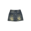 Jello denim mini skirt with embroidered back pockets and faded sand wash