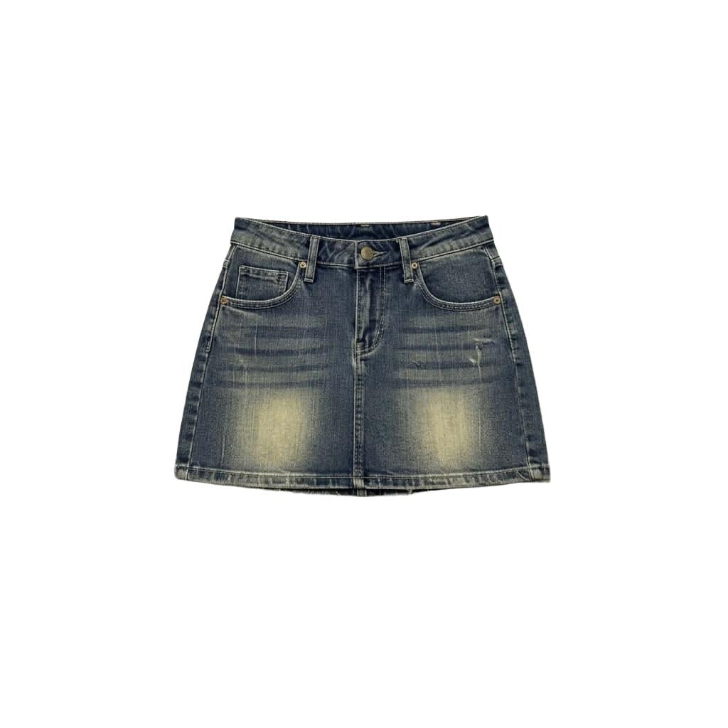 jello denim mini skirt with embroidered back pockets and faded sand wash