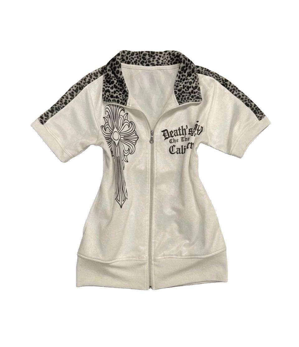 Leopard Cross Zip-Up Track Top with gothic cross and leopard print collar, slim fit Y2K style cardigan