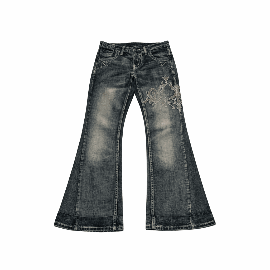 Deep black low rise flare embroidered jeans with tribal silver-grey embroidery and contrast stitching
