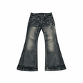 Deep black low rise flare embroidered jeans with tribal silver-grey embroidery and contrast stitching