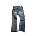 Mid-rise bootcut distressed flare jeans with red crown embroidery and stone wash