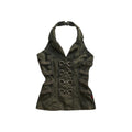 Military green halter top with buckles and eyelet straps