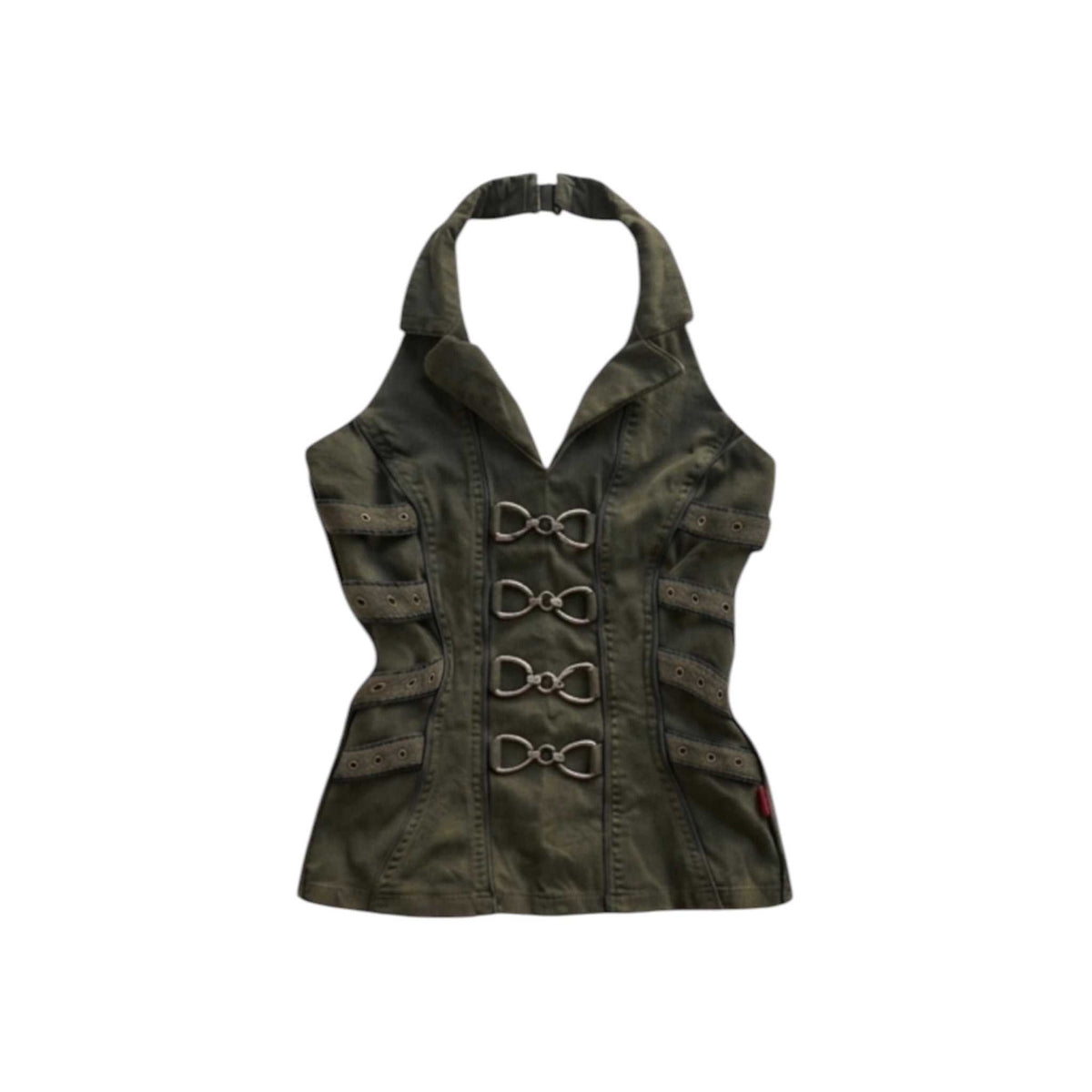 Military green halter top with buckles and eyelet straps