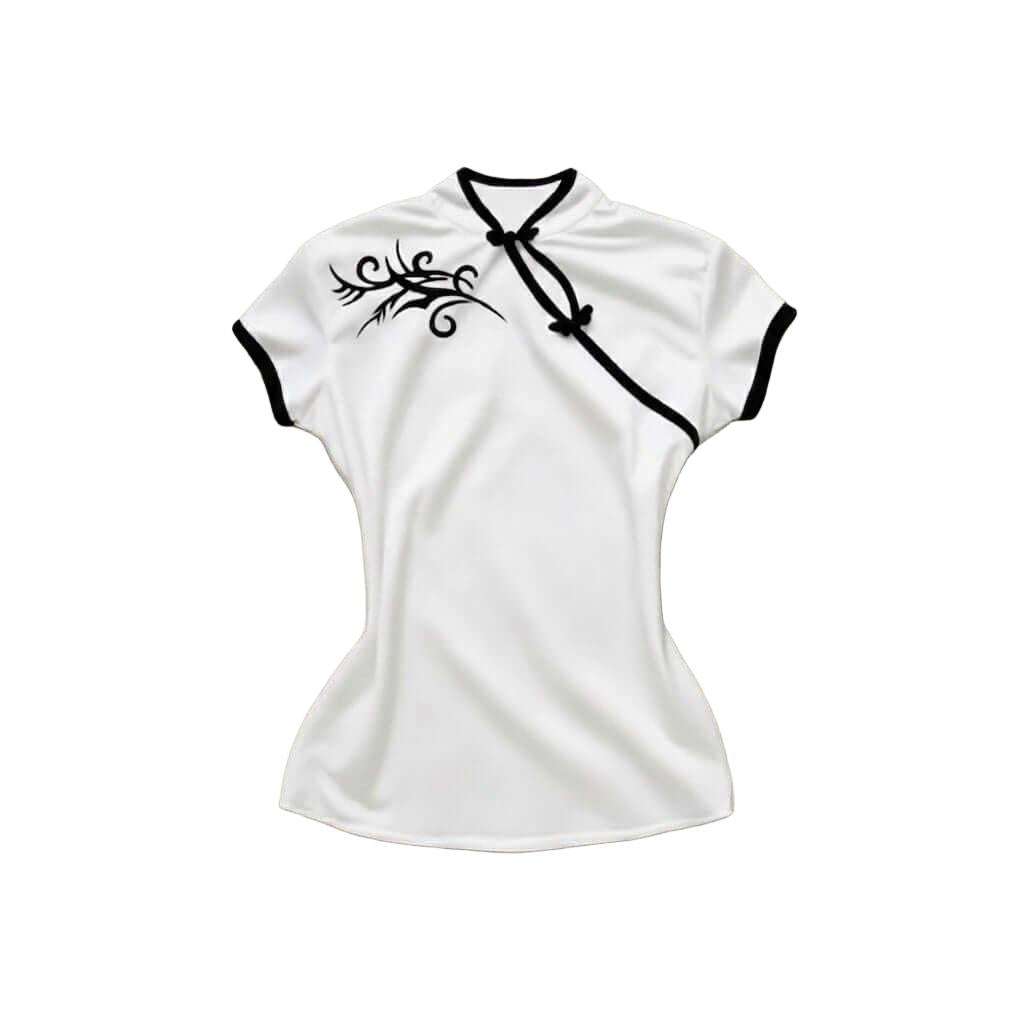 Black and white oriental crop top with tribal dragon embroidery and mock neck