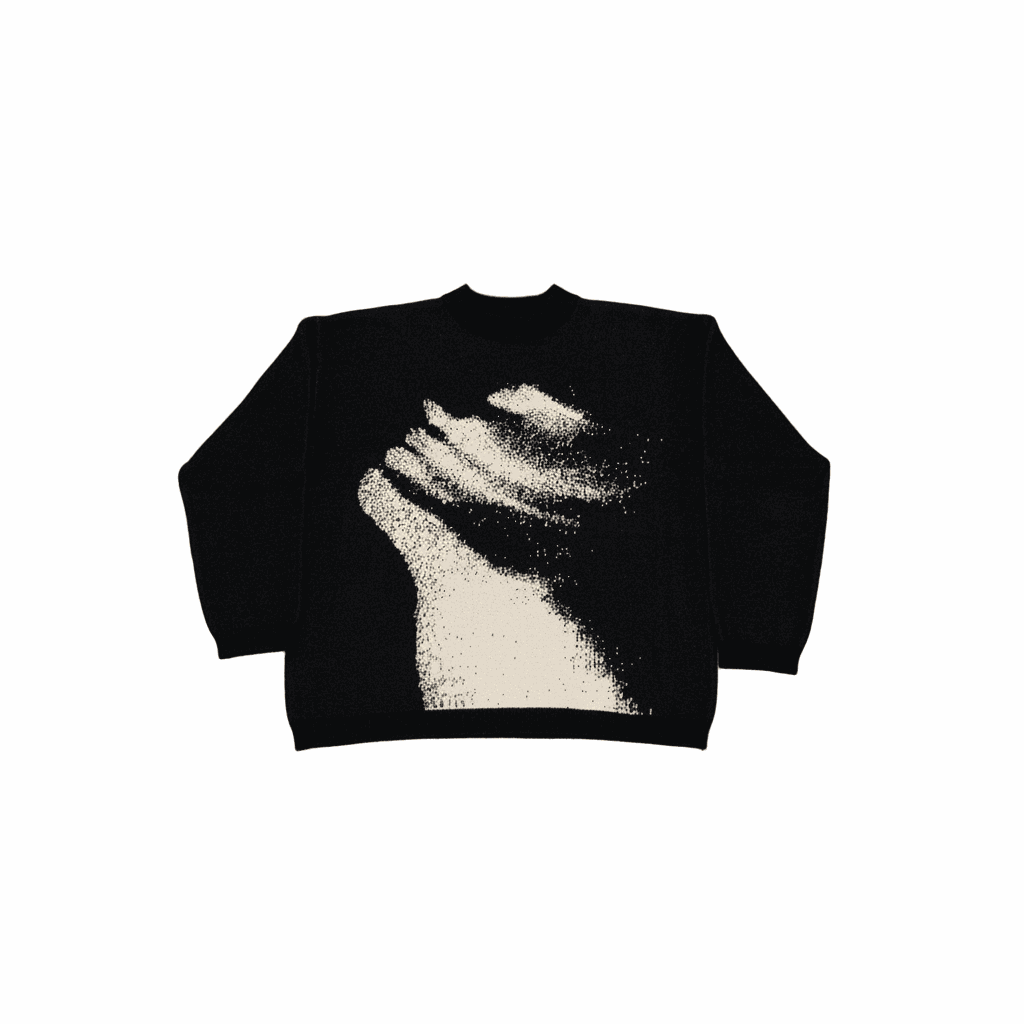 Oversized knit sweater with abstract black and white graphic