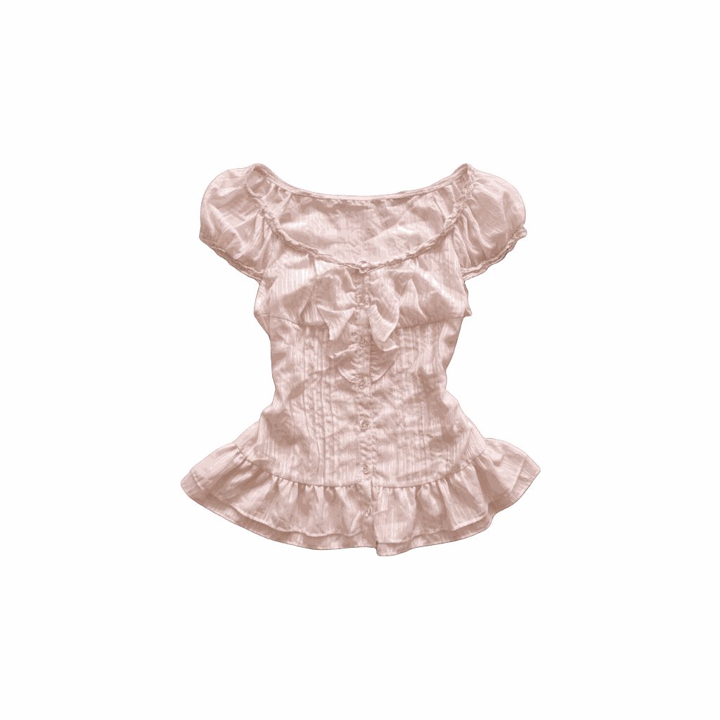 Vintage pastel pink ruffle blouse with lace and puff sleeves