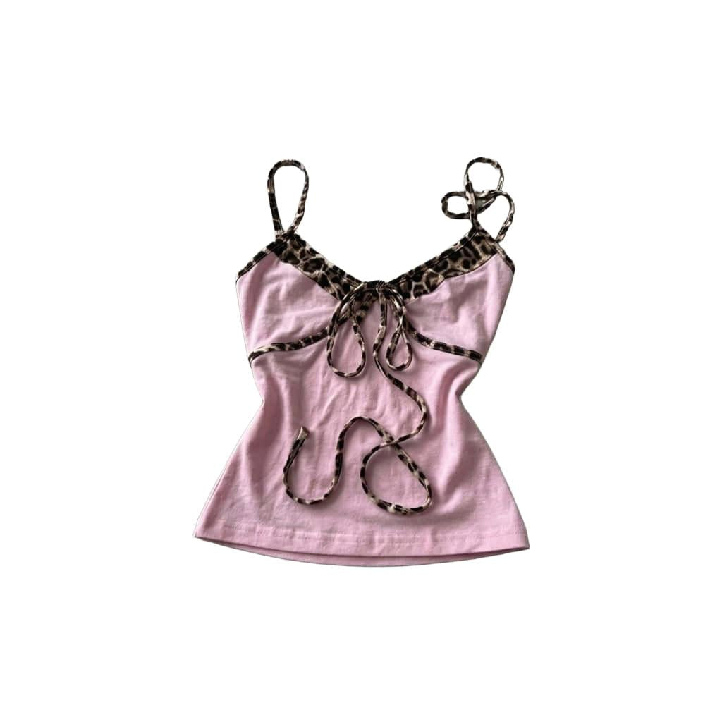Pink cami top with leopard print trim and decorative bows, slim fit cropped Y2K style