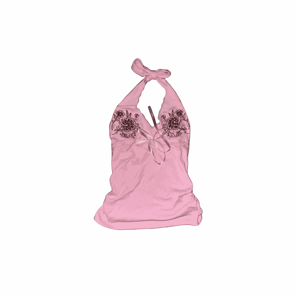 pink satin halter top with lace trim and ribbon detail in coquette aesthetic