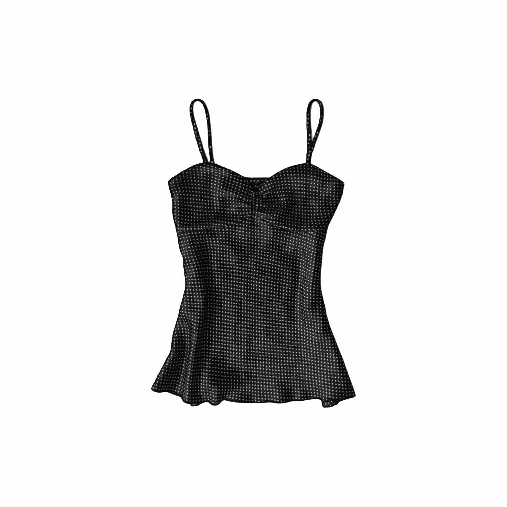 Black satin Polka Dot Cami Top with sweetheart neckline and flared hem