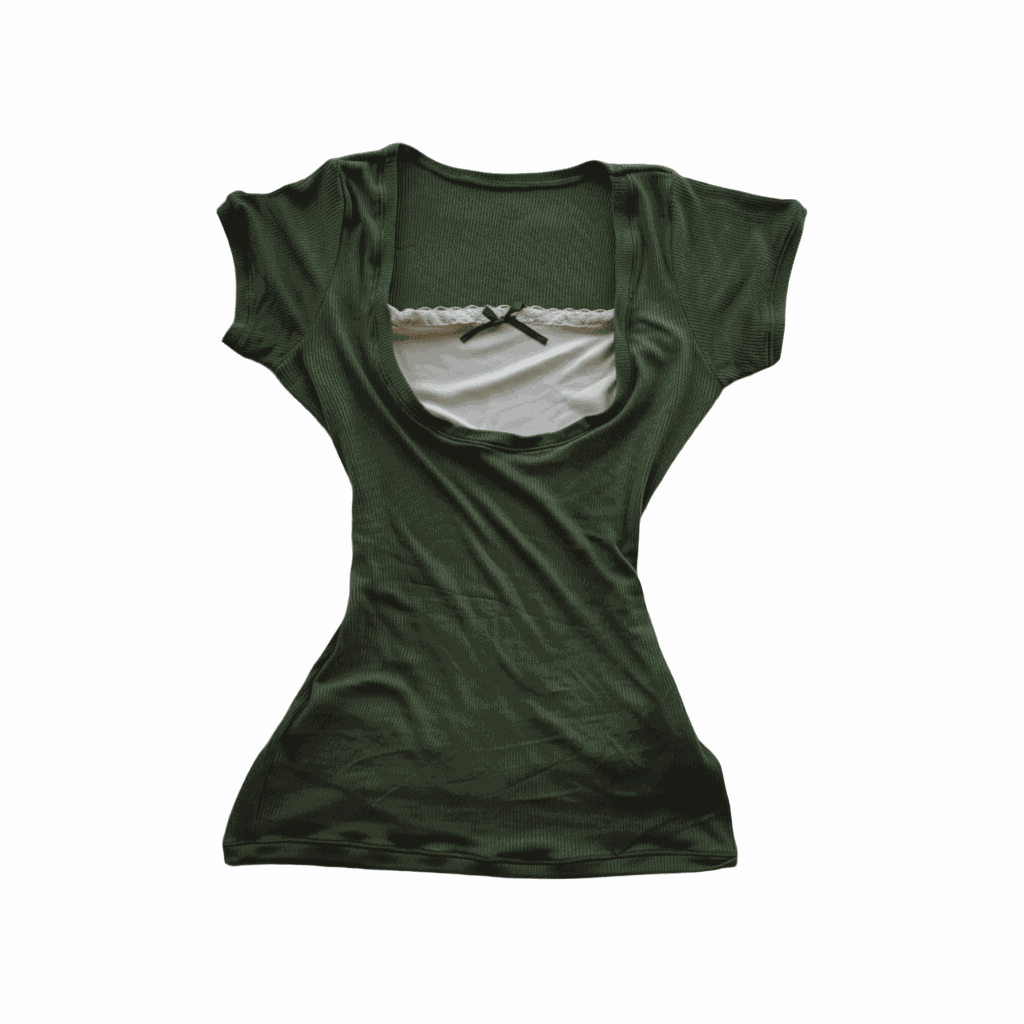 Ribbed green top with lace trim and bow detail