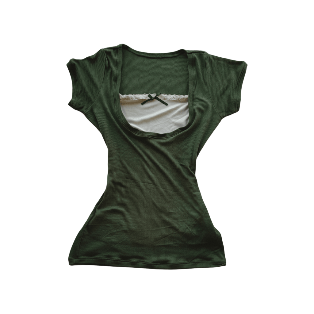 Ribbed Green Top with Lace Trim & Bow Detail Vintage 2000s Elevate your style with our Ribbed Green Top with Lace Trim & Bow Detail ribbed green top featuring delicate lace trim and charming bow detail.