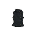 Structured black sleeveless vest top with high neck and asymmetrical button closure