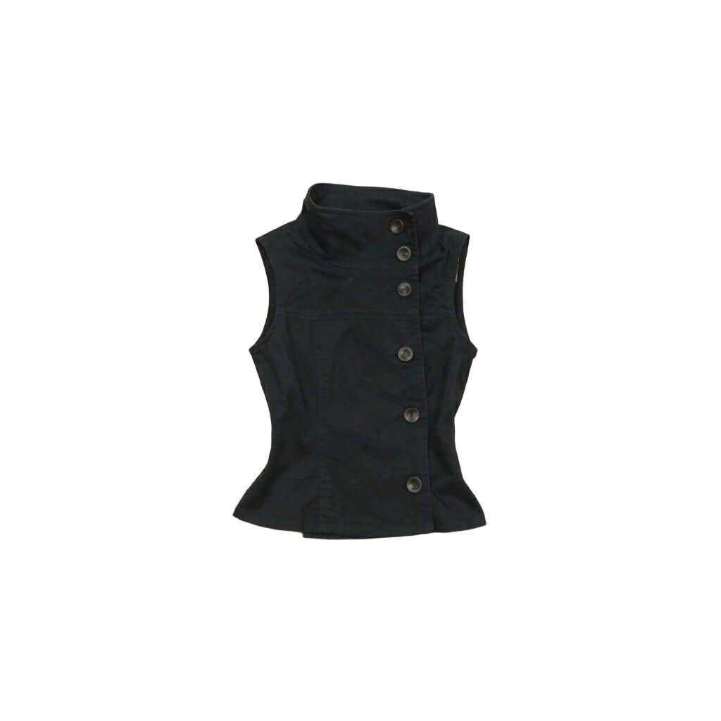 Structured black sleeveless vest top with high neck and asymmetrical button closure