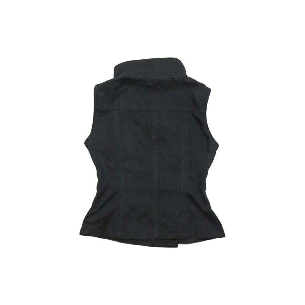 Black structured sleeveless vest top with high neck and asymmetrical side buttons