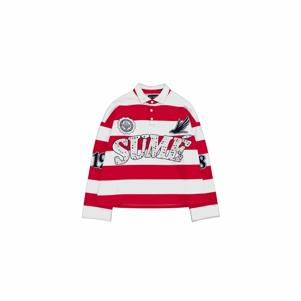 Red and white striped SUME vintage rugger polo with rhinestone embroidery