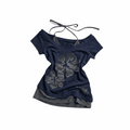 Navy and grey two-piece off-shoulder top with layered camisole