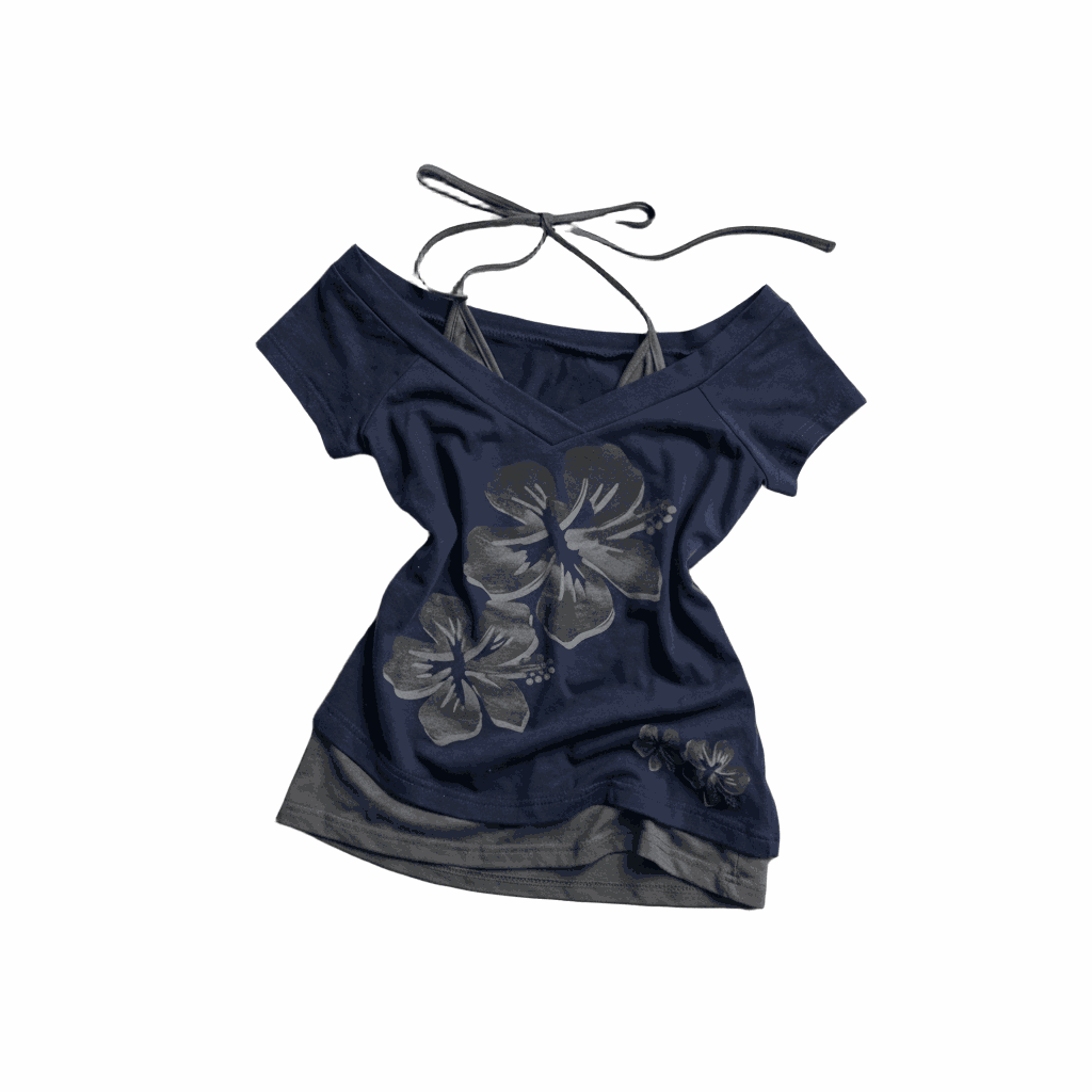 Navy and grey two-piece off-shoulder top with layered camisole