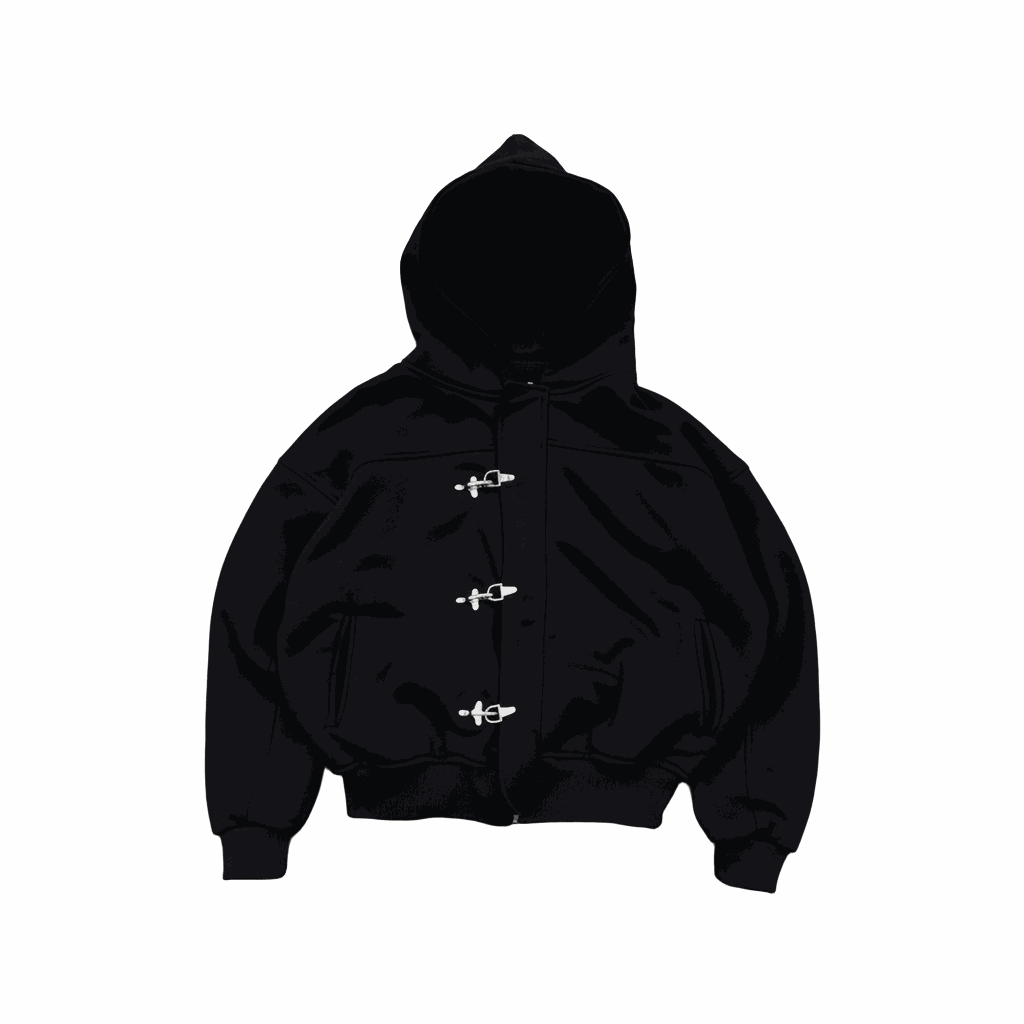 Ultra-heavyweight oversized full-zip hoodie with toggle closures and cyber-industrial design in dark color
