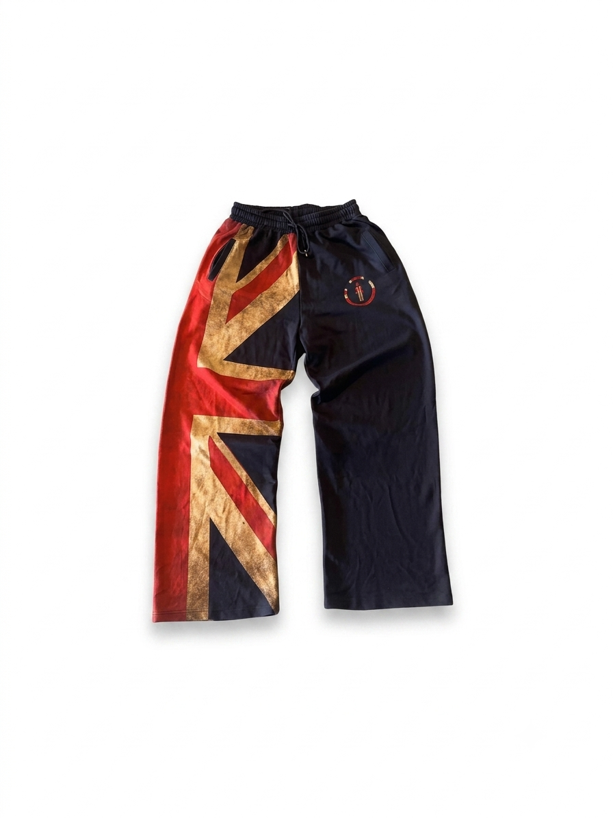 Union Jack print straight pants with asymmetrical design and elastic waistband for streetwear and workwear style