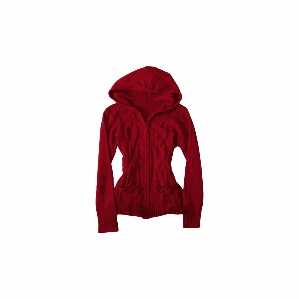 Red vintage cable-knit slim-fit zip-up hoodie with chunky texture
