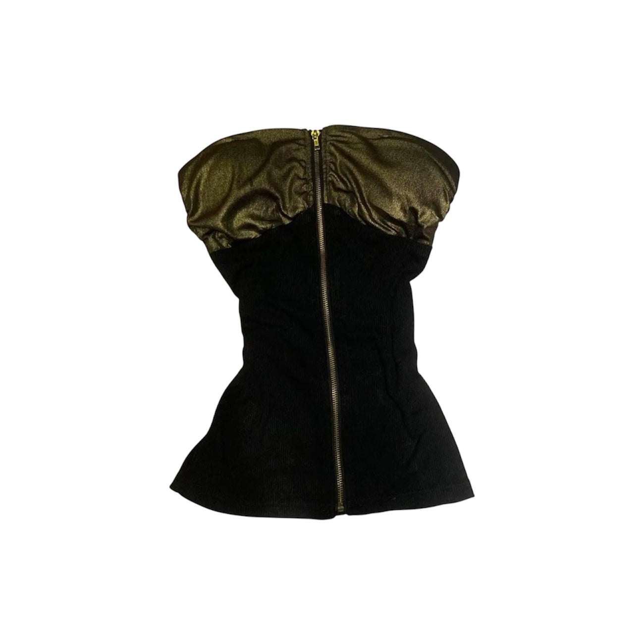Vintage patchwork tank top with black and gold metallic design and backless ring detail