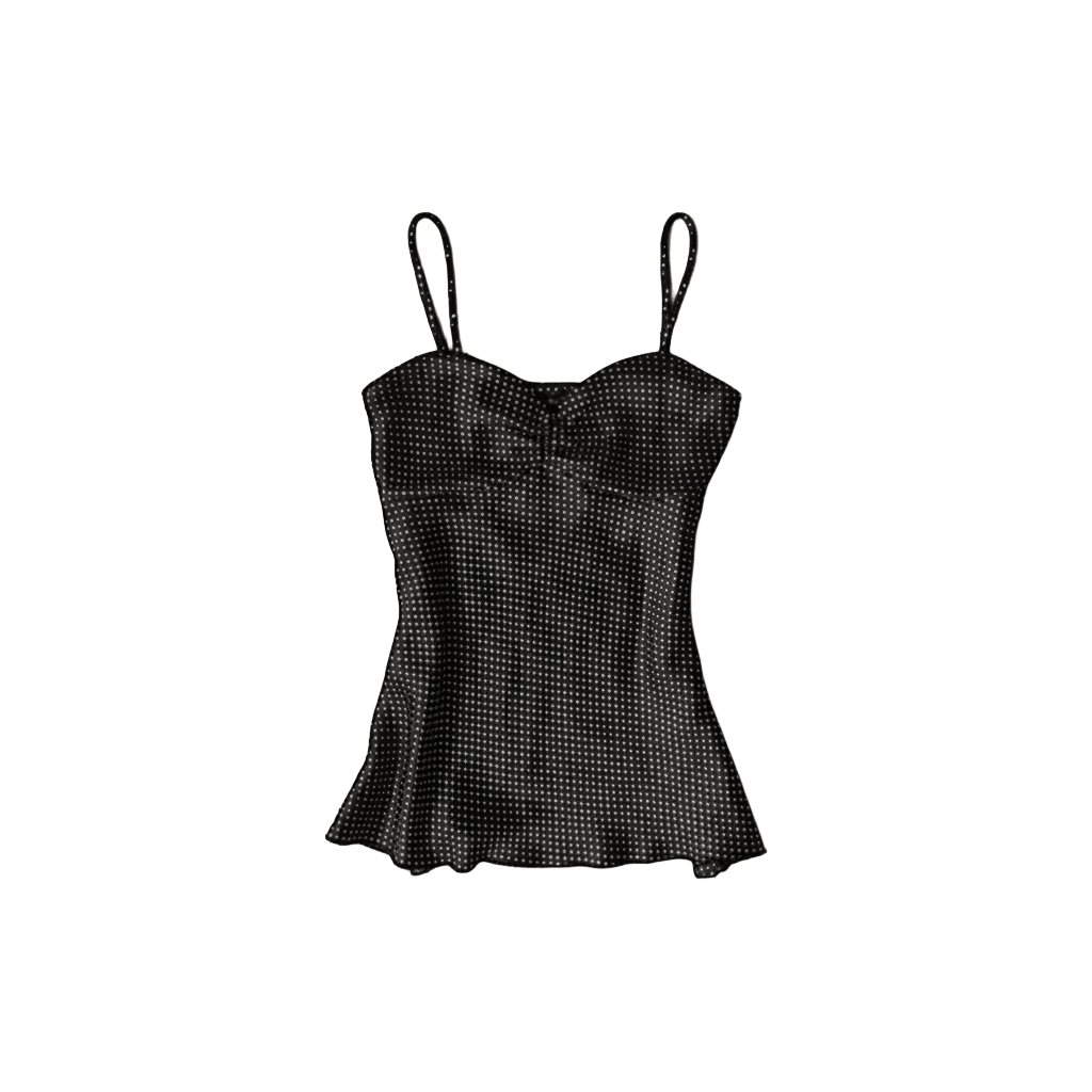 Polka Dot Cami Top - Black Satin Tank in Y2K Style Discover the Polka Dot Cami Top - Black Satin Tank, a vintage-inspired piece featuring a flared hem and playful polka dot design perfect for any outfit!