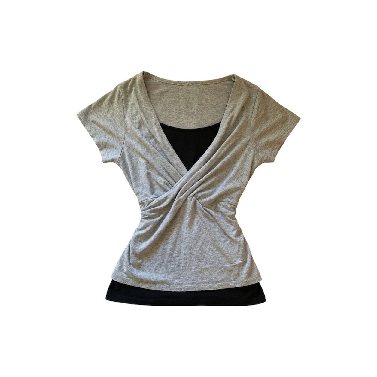 Vintage V Neck T-Shirt Kimutomo Gray with double-layered cross-wrap design and slight stretch polyester fabric