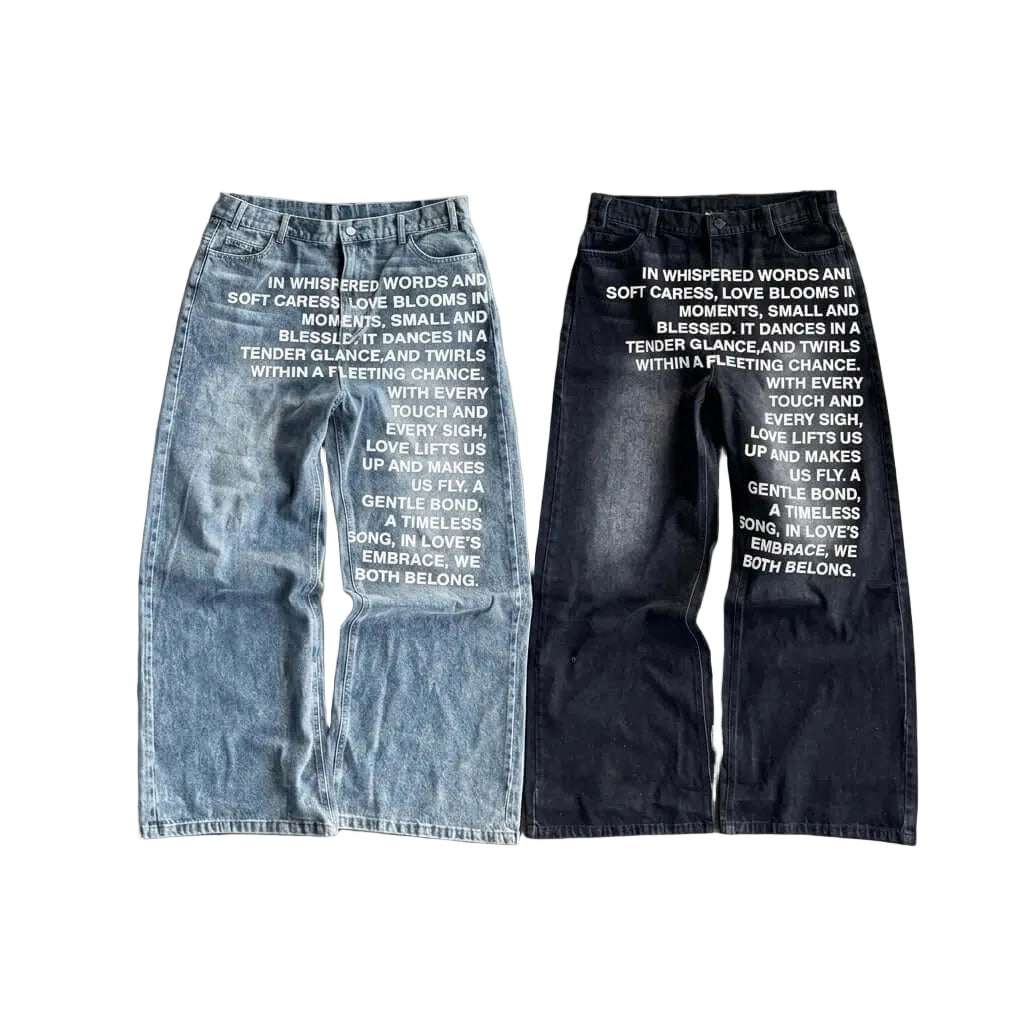 Y2K inspired whispered words poetry print baggy jeans in vintage blue