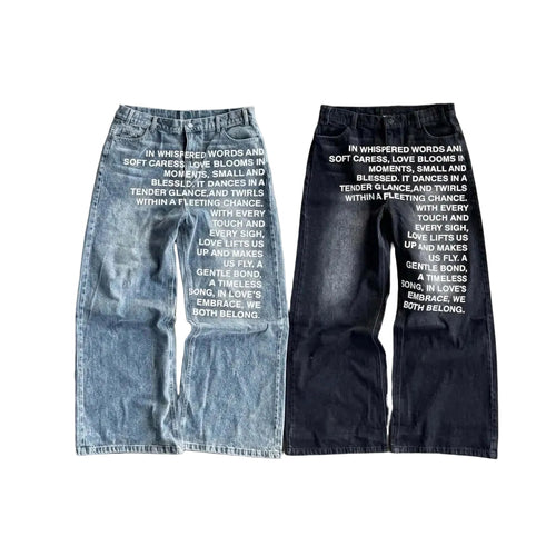 Y2K inspired whispered words poetry print baggy jeans in vintage blue