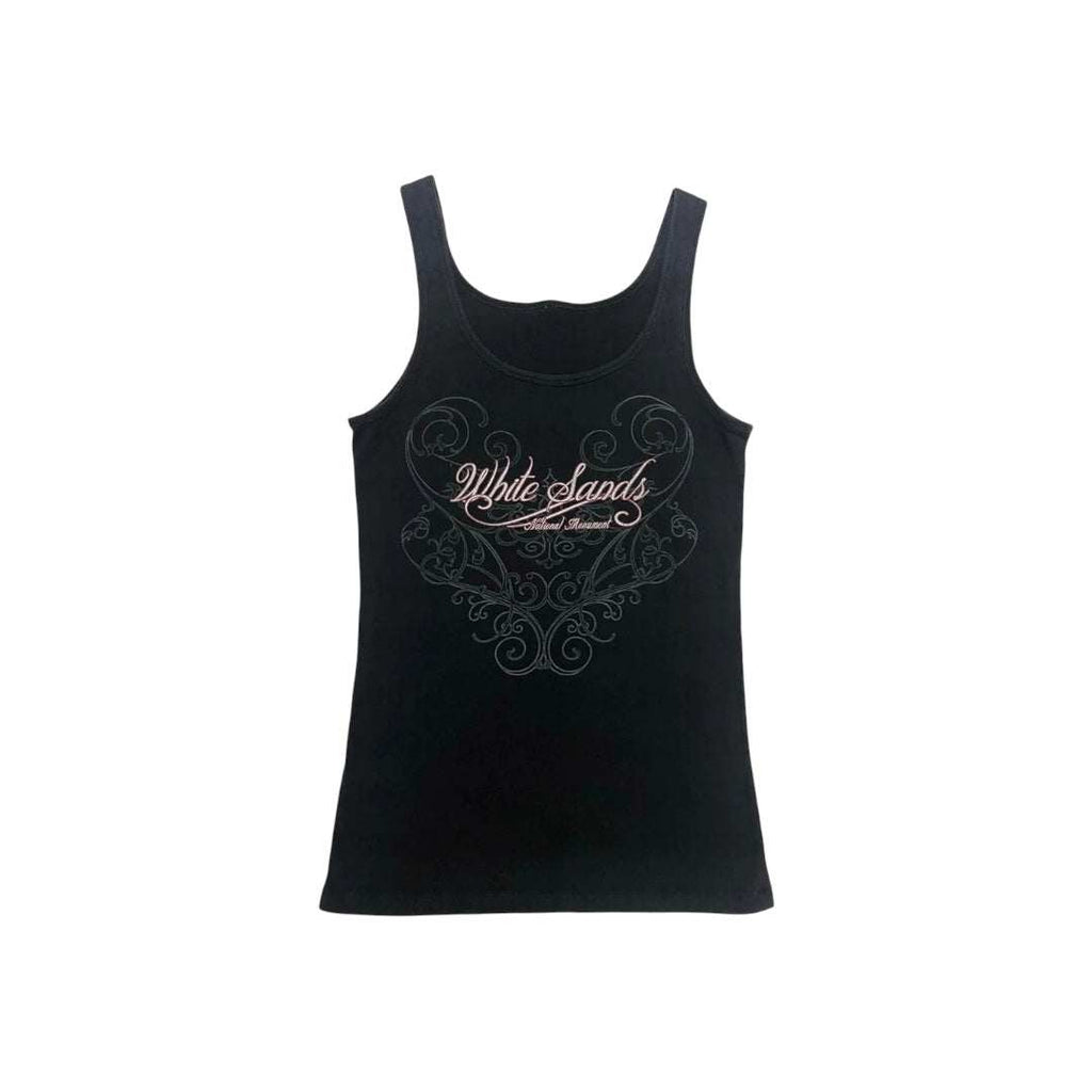 Black Y2K tank top with white sands pink cursive graphic and grey filigree