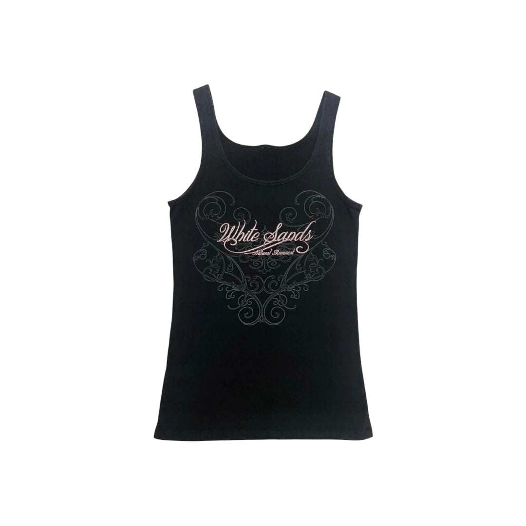 Black Y2K tank top with white sands pink cursive graphic and grey filigree