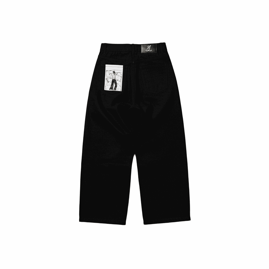 Black wide-leg patch jeans in polyester-linen blend with Y2K streetwear style and artistic back pocket patch