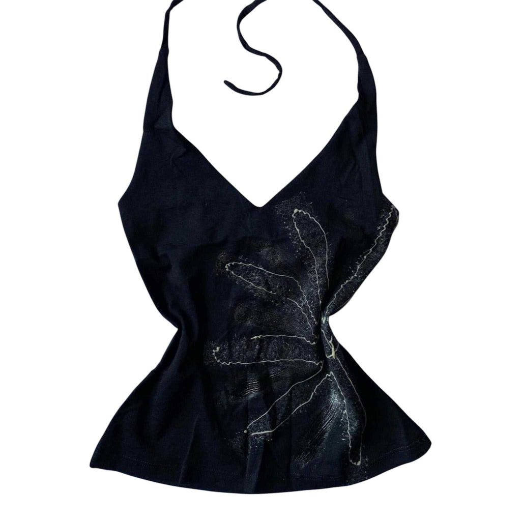 Black Y2K graphic halterneck top with distressed daisy print and adjustable tie straps