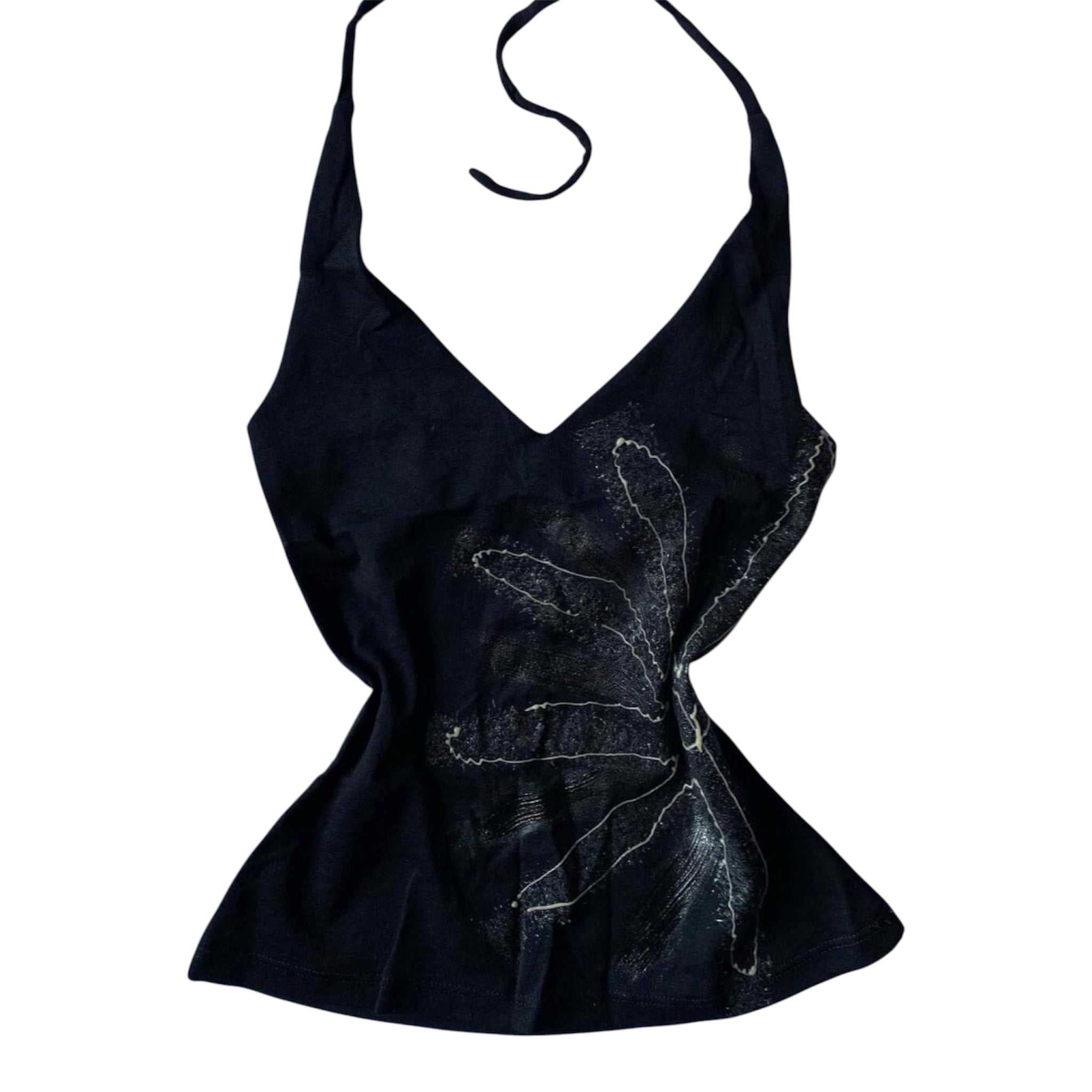 Black Y2K graphic halterneck top with distressed daisy print and adjustable tie straps