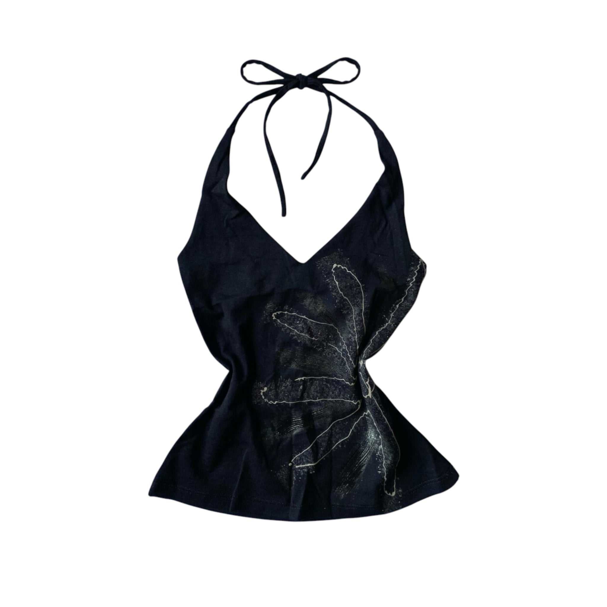 Black Y2K graphic halterneck top with distressed daisy print and deep V-neckline