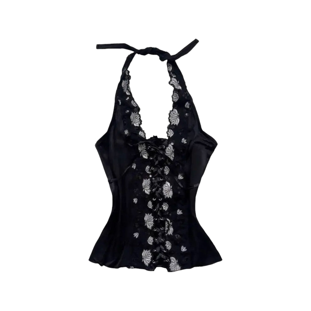 Backless Y2K halter tank top with distressed hole detail in slim fit punk streetwear style