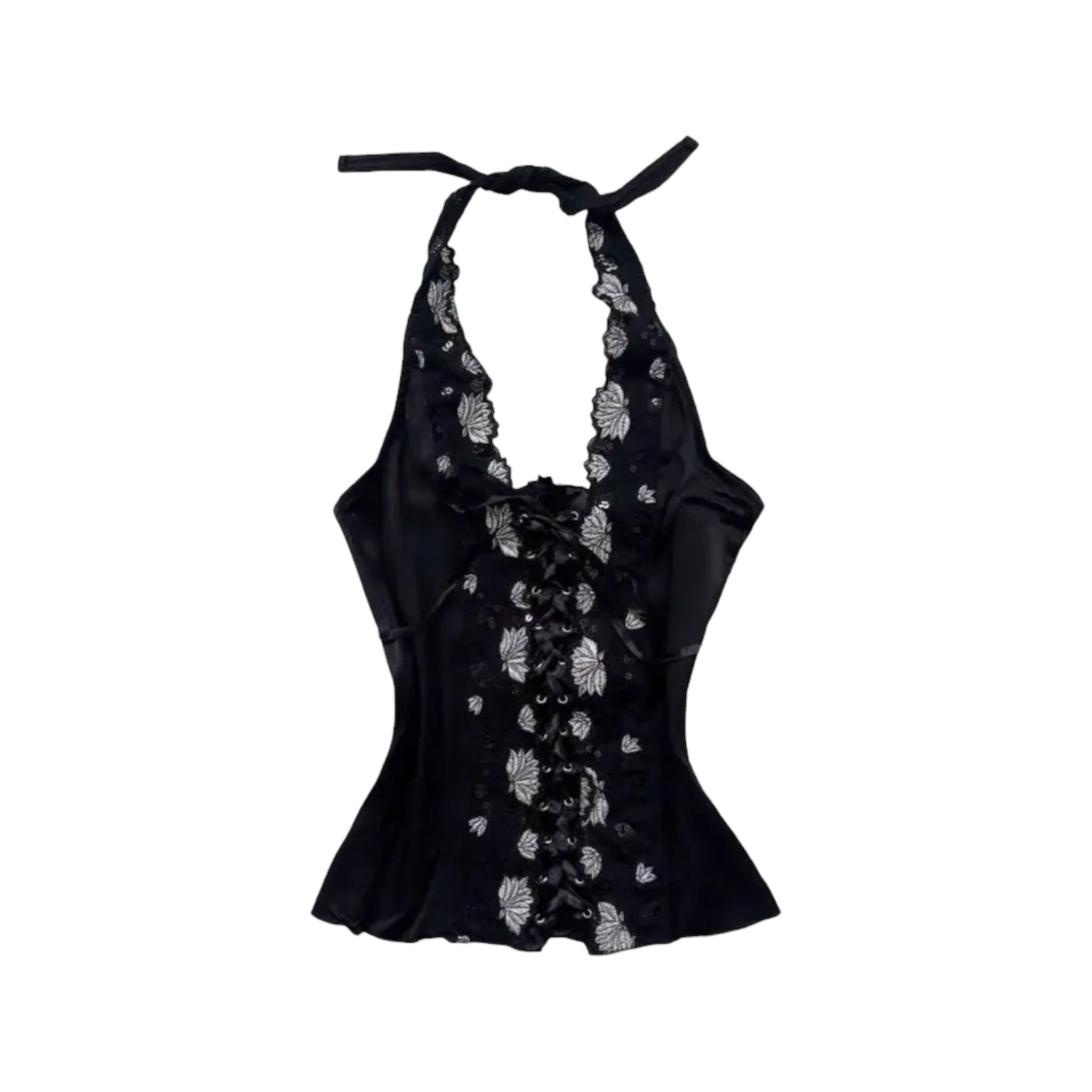 Backless Y2K halter tank top with distressed hole detail in slim fit punk streetwear style