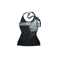 Black Y2K halter top with floral graphic and open back slim fit