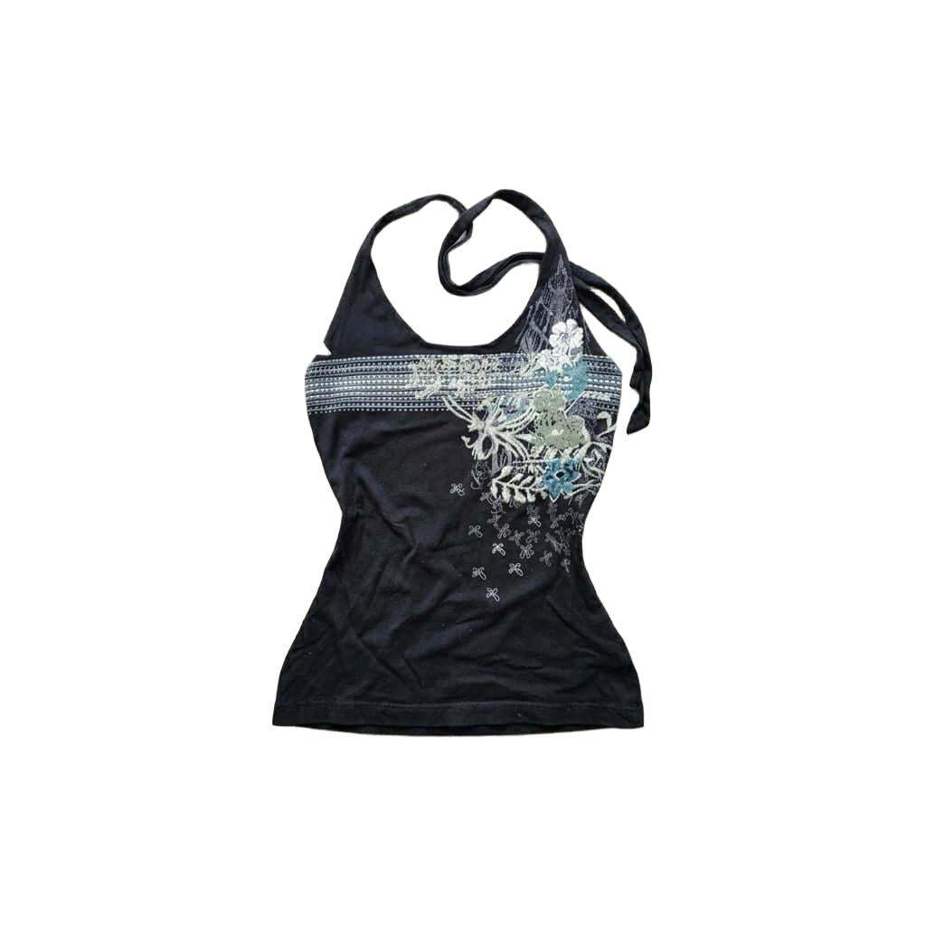 Black Y2K halter top with floral graphic and open back slim fit