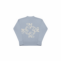 Y2K oversized blue knitted hoodie with white cursive M and loose fit