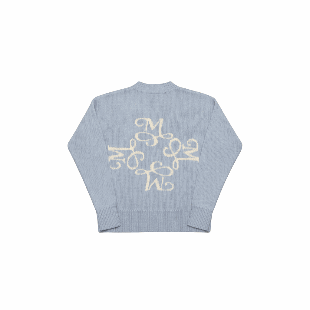 Y2K oversized blue knitted hoodie with white cursive M and loose fit