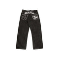 Y2K Rhino Graph Baggy Jeans in faded black denim with wide-leg fit and bold embroidered rhino and cloud graphics on back pockets